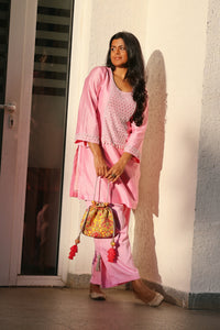 Nischita Babu in Garden- Pink Yoke Embroidered Solid Short Kurta Set of 2