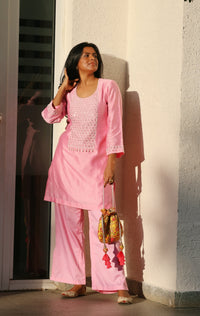 Nischita Babu in Garden- Pink Yoke Embroidered Solid Short Kurta Set of 2