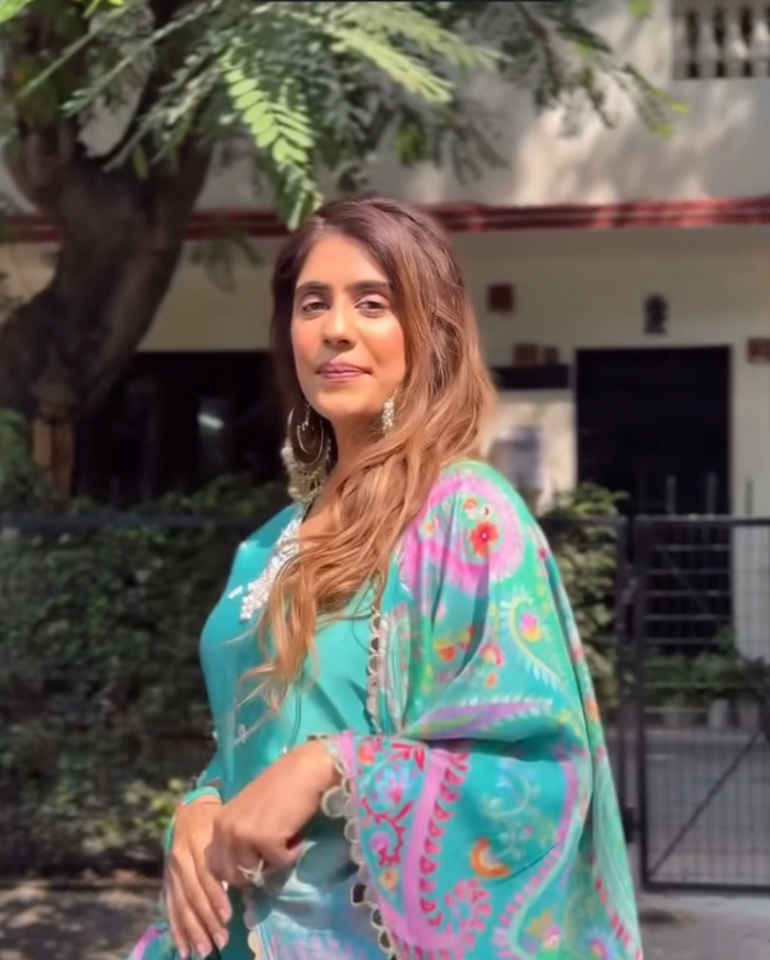 Mehal Kejriwal in Paisley- Green Mirror Embroidered Short Kurta Set
