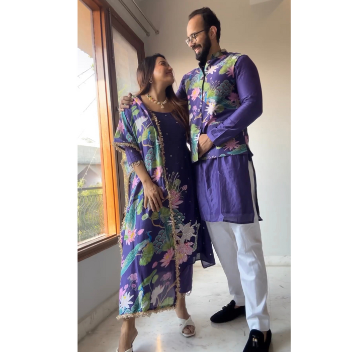 Debasree in Bhādõ- Purple Printed A-Line Kurta- Set of 3