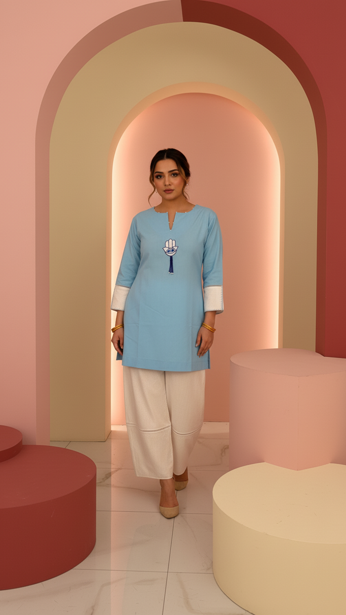 Evil Eye- Blue and Cream Short Kurta Co-Ord Set of 2