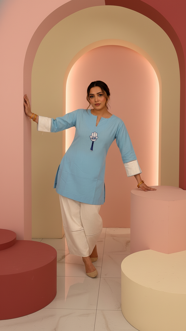 Evil Eye- Blue and Cream Short Kurta Co-Ord Set of 2