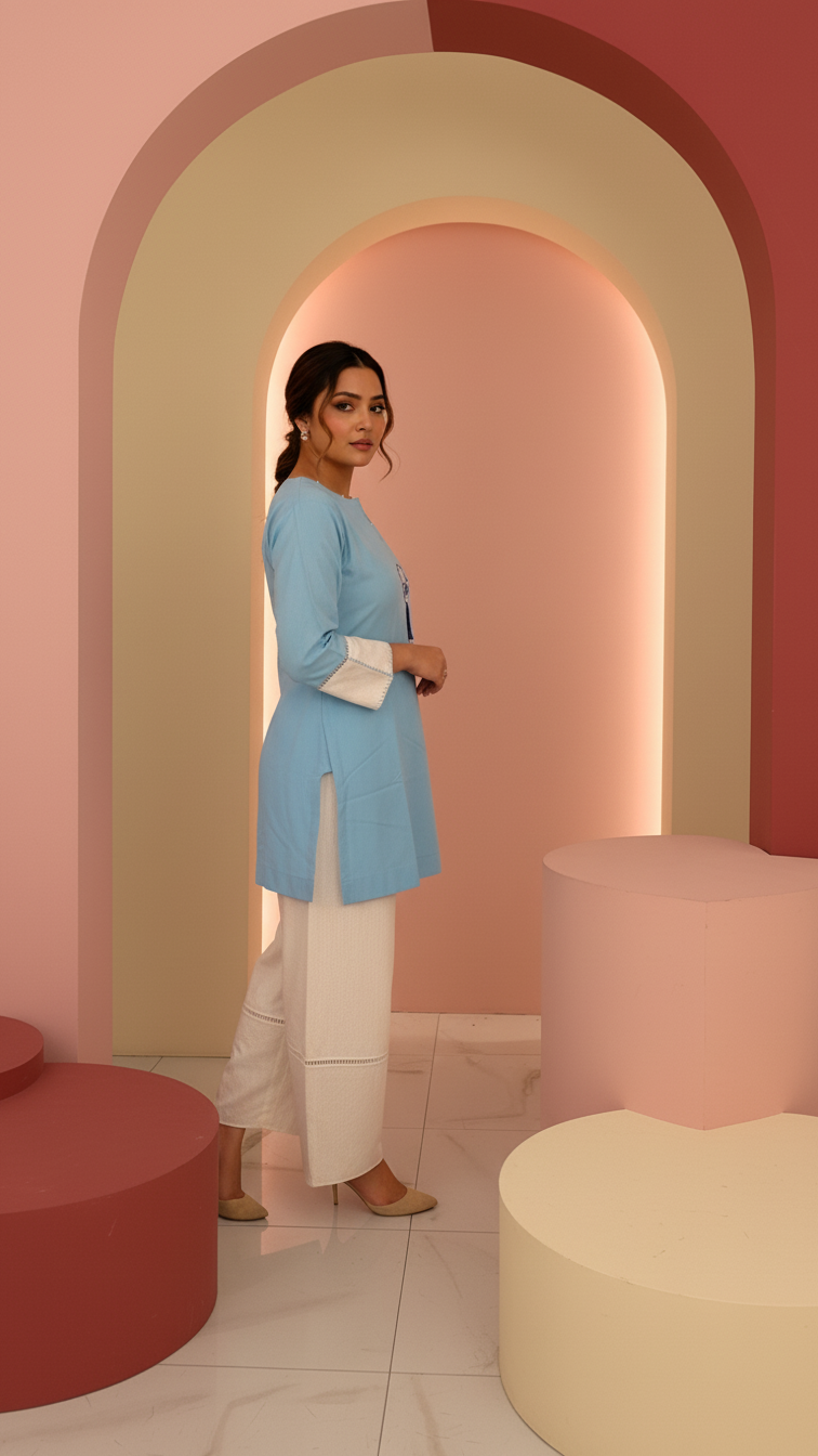 Evil Eye- Blue and Cream Short Kurta Co-Ord Set of 2