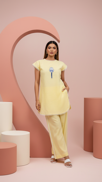 Evil Eye- Yellow and Cream Cap Sleeves Co-Ord Set of 2