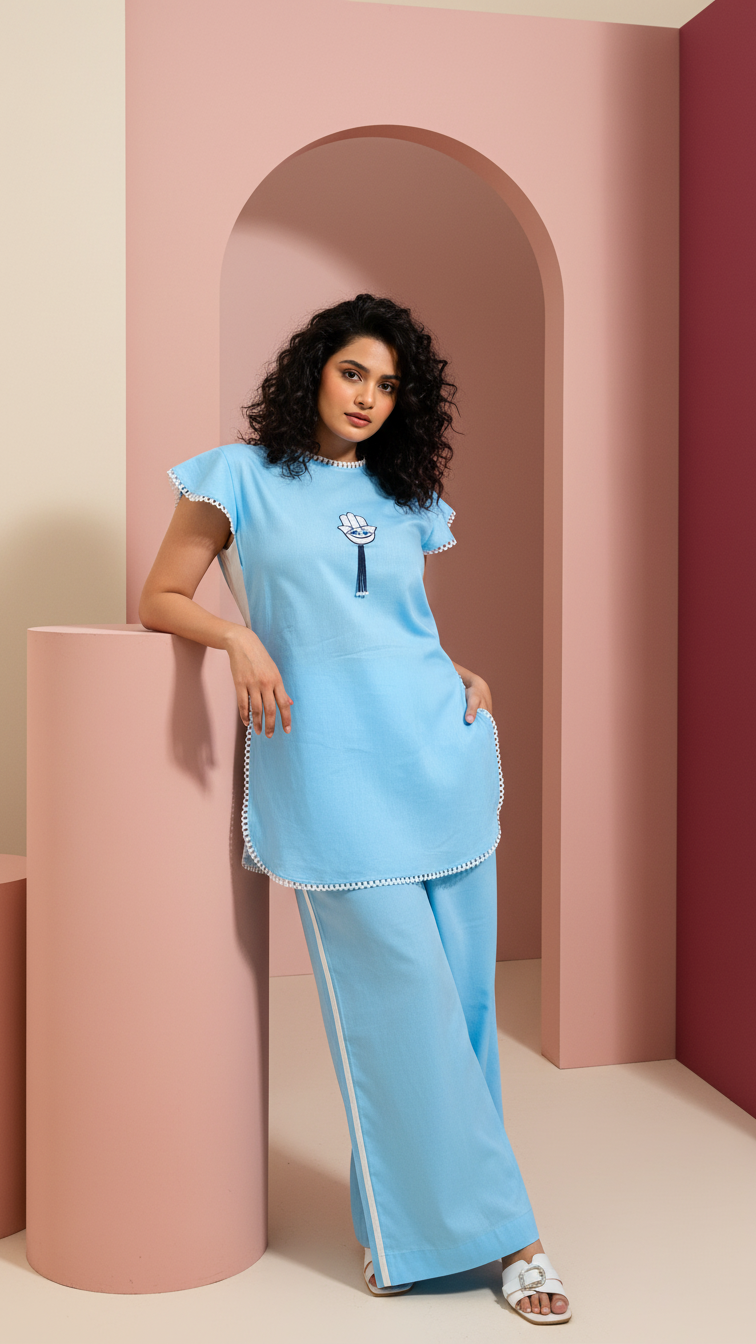 Evil Eye- Blue and Cream Cap Sleeves Co-Ord Set of 2