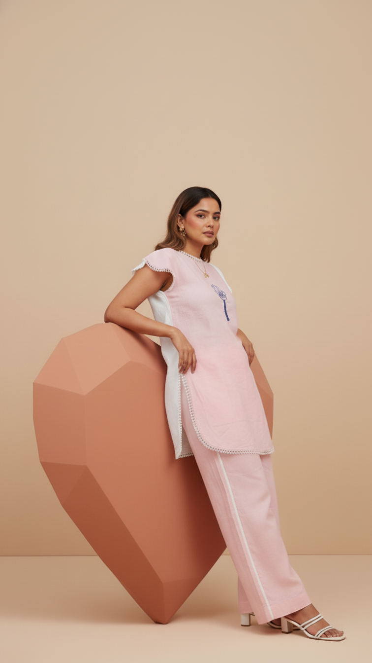 Evil Eye- Pink and Cream Cap Sleeves Co-Ord Set of 2