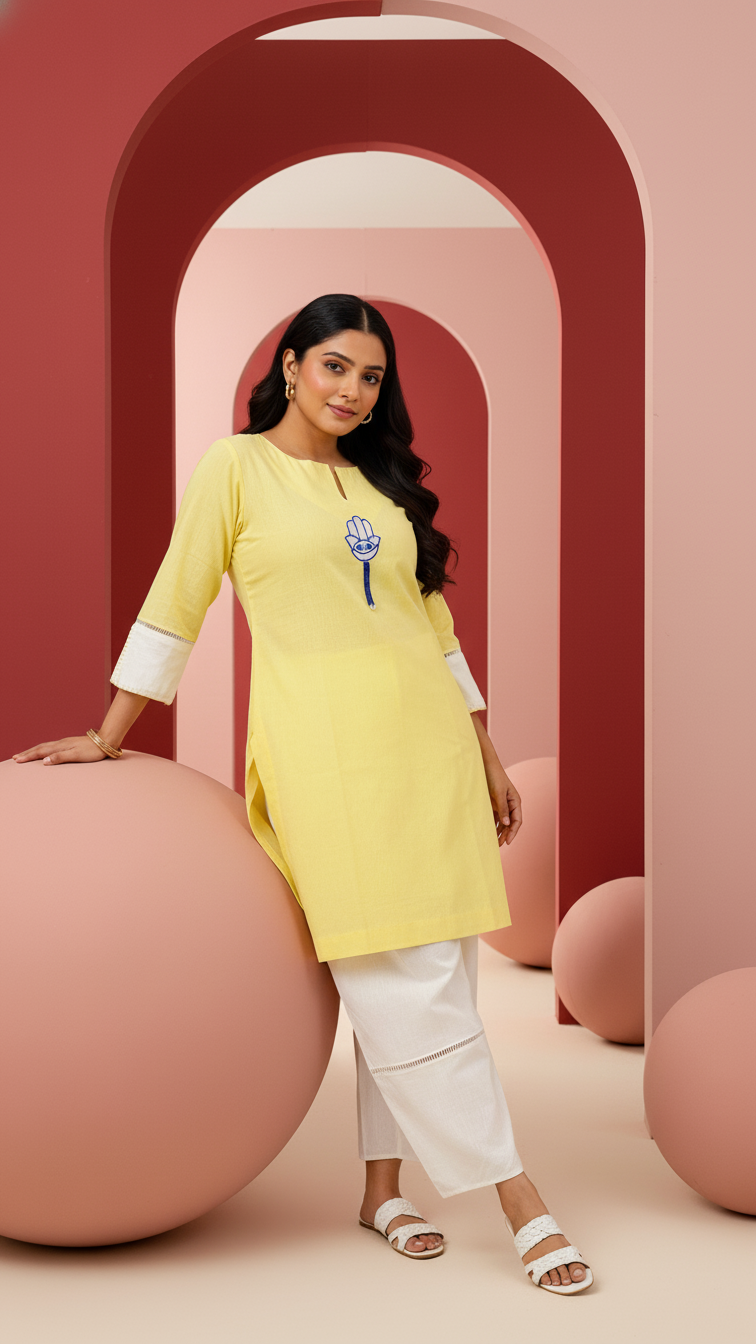 Evil Eye- Yellow and Cream Short Kurta Co-Ord Set of 2