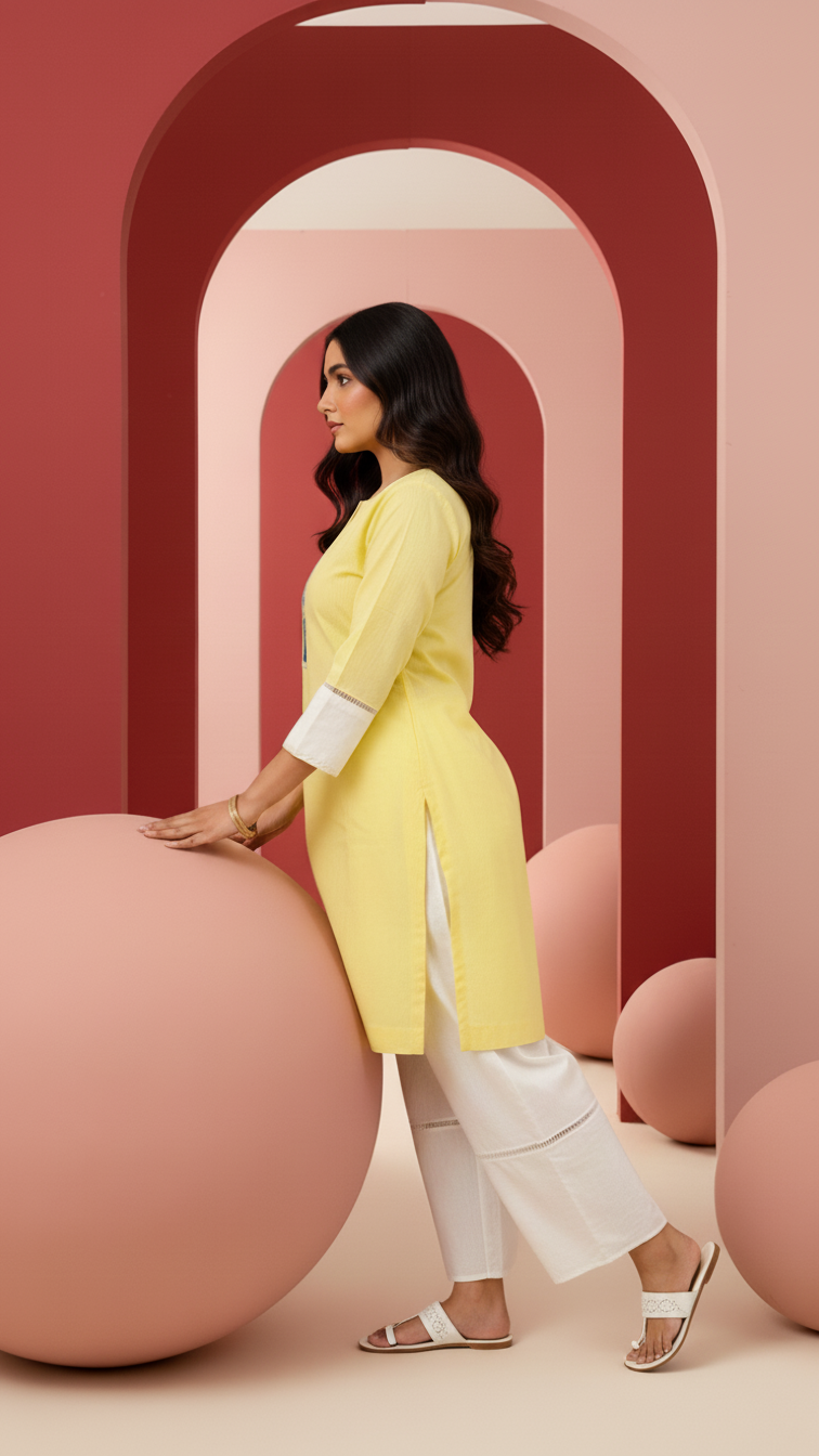 Evil Eye- Yellow and Cream Short Kurta Co-Ord Set of 2