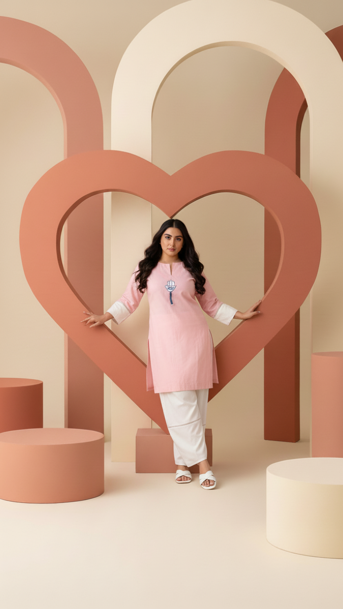 Evil Eye- Pink and Cream Short Kurta Co-Ord Set of 2