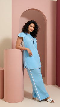 Evil Eye- Blue and Cream Cap Sleeves Co-Ord Set of 2