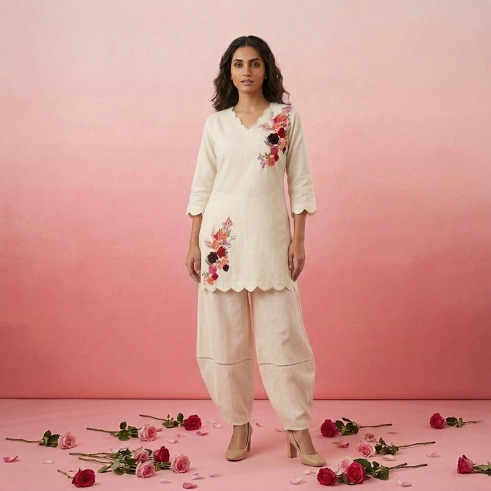 Rose - White Scalloped Kurta Set of 2