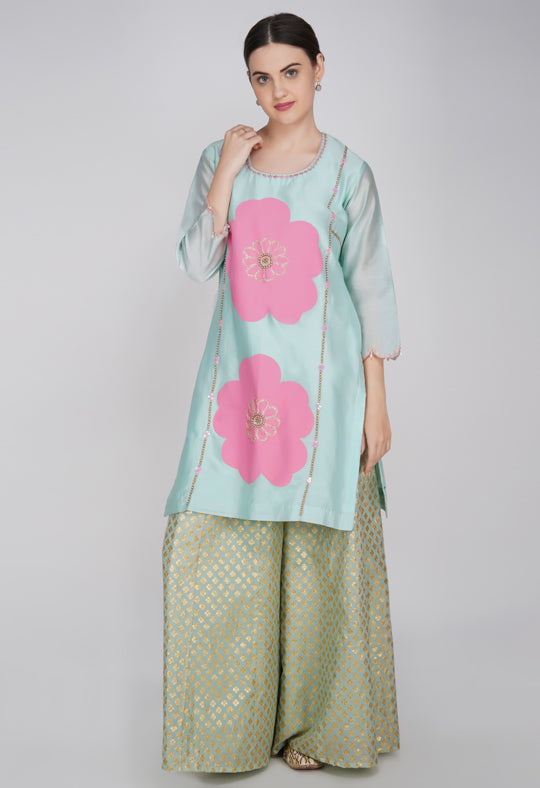 Blue Flower Printed Embroidered Chanderi Silk Kurta with Sharara and Dupatta- Set of 3