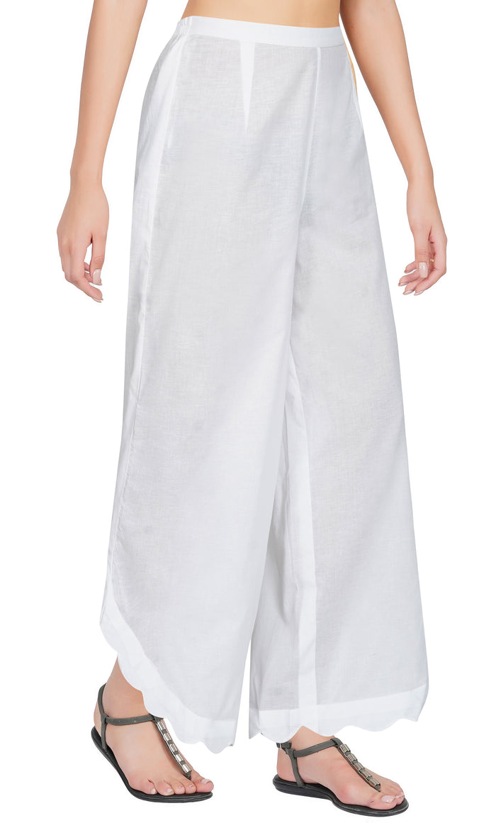 White Side Scalloped Cotton Pants