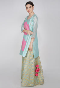 Blue Flower Embroidered Kurta with Chanderi Sharara- Set of 2