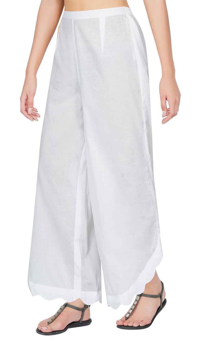 White Side Scalloped Cotton Pants
