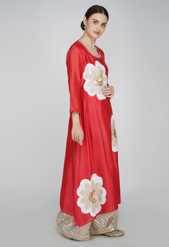 Red Chanderi Silk Suit- Set of 3