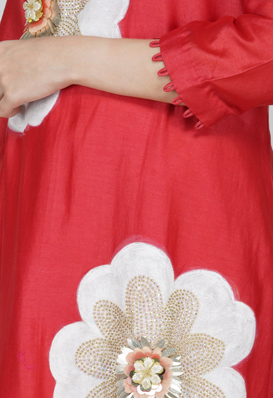 Red Chanderi Silk Suit- Set of 3