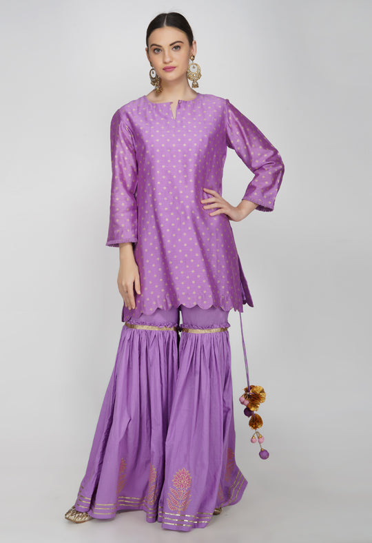 Green Block Printed Chanderi Silk Kurta with Sharara - Set of 2
