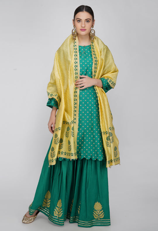 Green Block Printed Chanderi Silk Kurta with Sharara and Dupatta- Set of 3