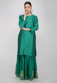 Green Block Printed Chanderi Silk Kurta with Sharara - Set of 2