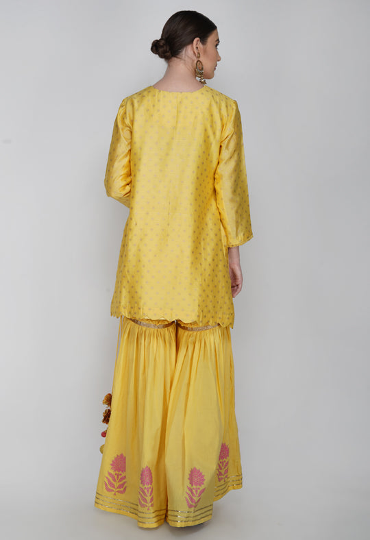 Yellow Block Printed Chanderi Silk Kurta with Sharara - Set of 2