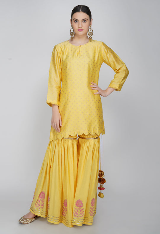 Yellow Block Printed Chanderi Silk Kurta with Sharara and Dupatta- Set of 3