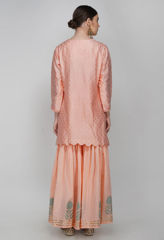 Peach Block Printed Chanderi Silk Kurta with Sharara and Dupatta- Set of 3