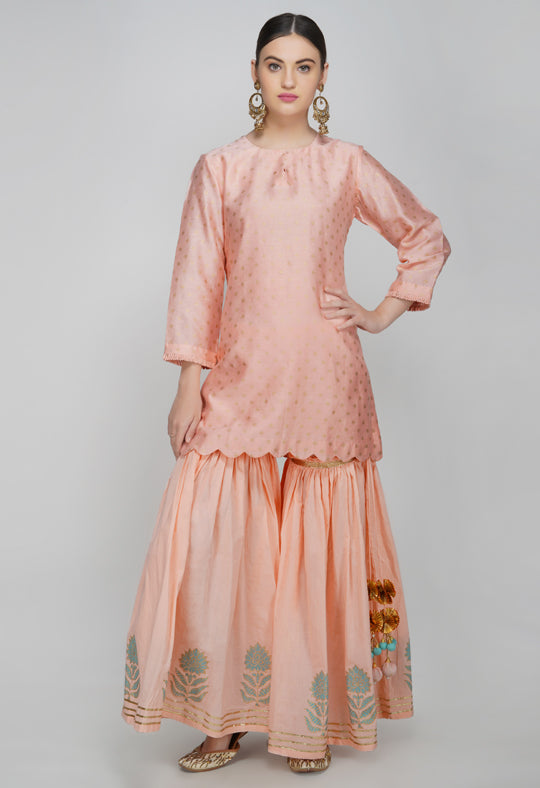 Peach Block Printed Chanderi Silk Kurta