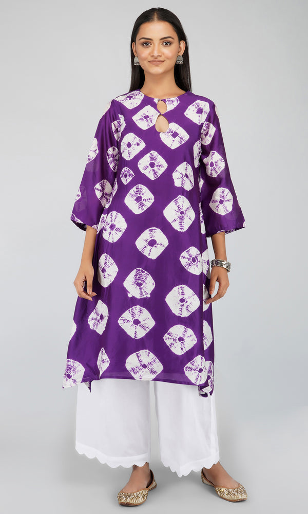 Purple Bandhani Dye Chanderi Silk Kurta with Cotton Pants and Scallop Chanderi Silk Dupatta - Set of 3