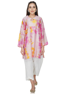 Pink Tie and Dye Chanderi Silk Kurta with White Cotton Pants - Set of 2
