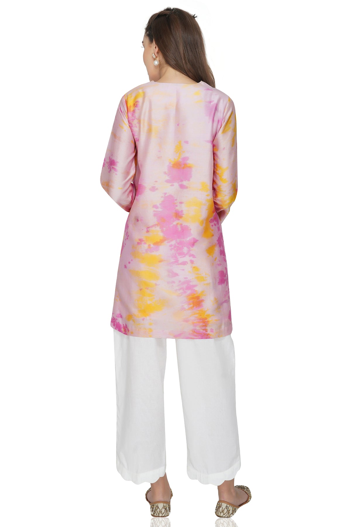Pink Tie and Dye Chanderi Silk Kurta with White Cotton Pants - Set of 2