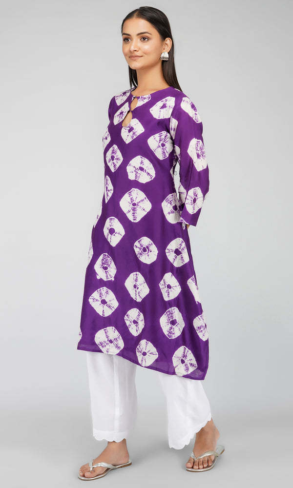 Purple Bandhani Dye Chanderi Silk Kurta with Cotton Pants  - Set of 2