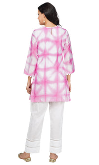 Pink Tie and Dye Chanderi Silk Kurta with White Cotton Cambric Pants - Set of 2
