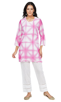 Pink Tie and Dye Chanderi Silk Kurta with White Cotton Cambric Pants - Set of 2