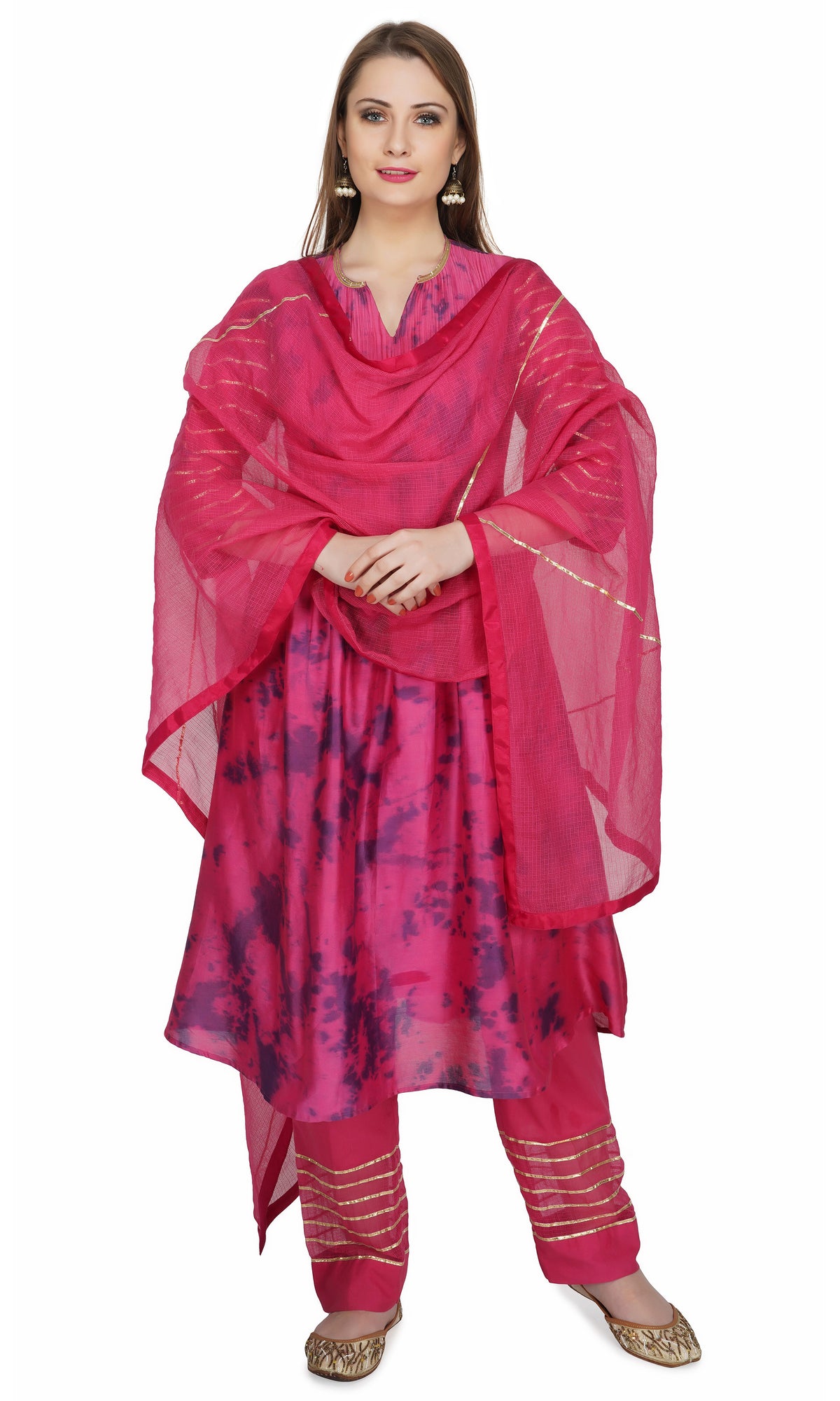 Mahroon Marble Dye Pintucks Kurta - Set of 3