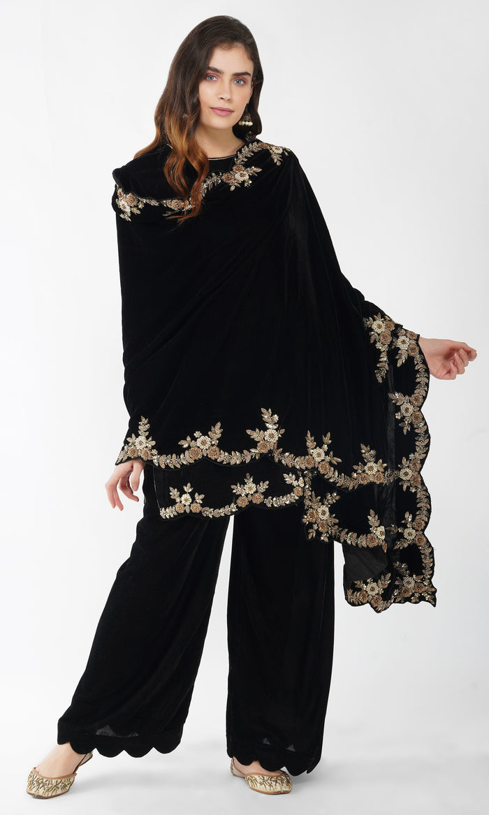 Black Velvet Embroidered Kurta - Set of 3