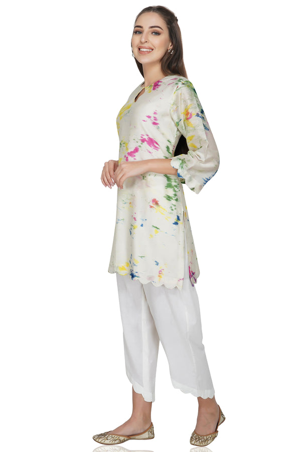 Cream Tie and Dye Chanderi Silk Kurta with White Cotton Pants - Set of 2