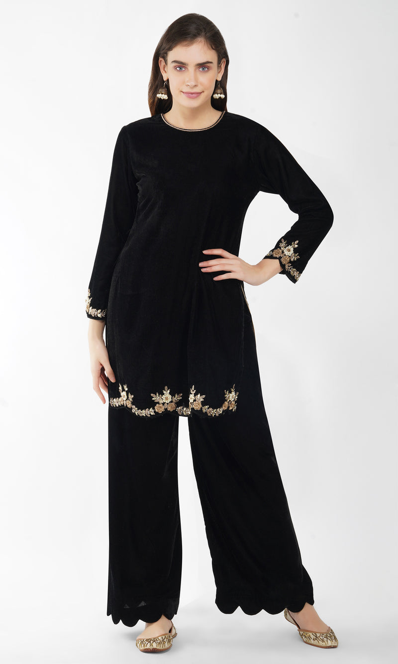 Black Velvet Embroidered Kurta - Set of 3