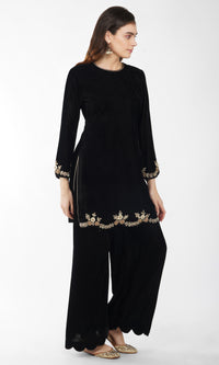 Black Velvet Embroidered Kurta - Set of 3