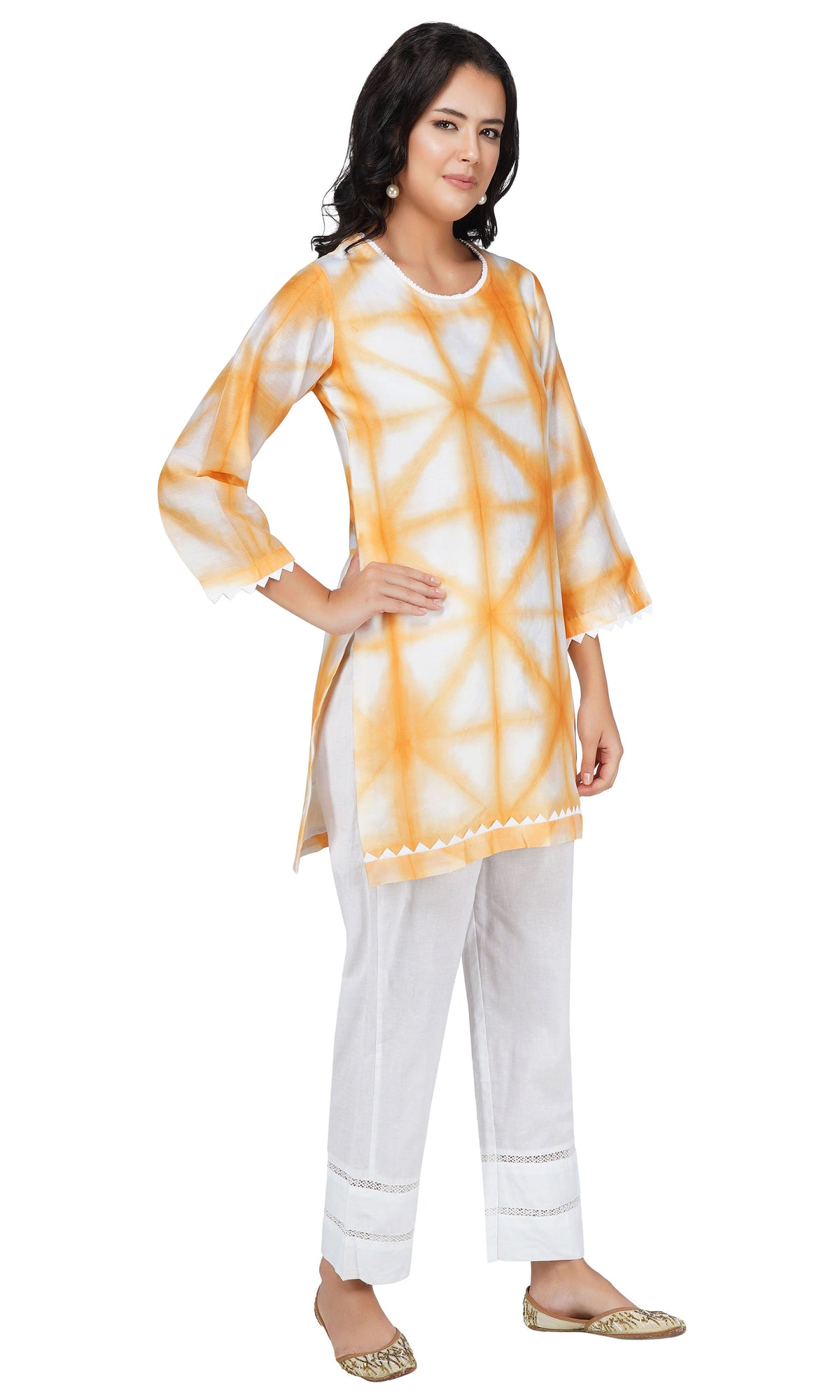Orange Tie and Dye Chanderi Silk Kurta with White Cotton Cambric Pants - Set of 2