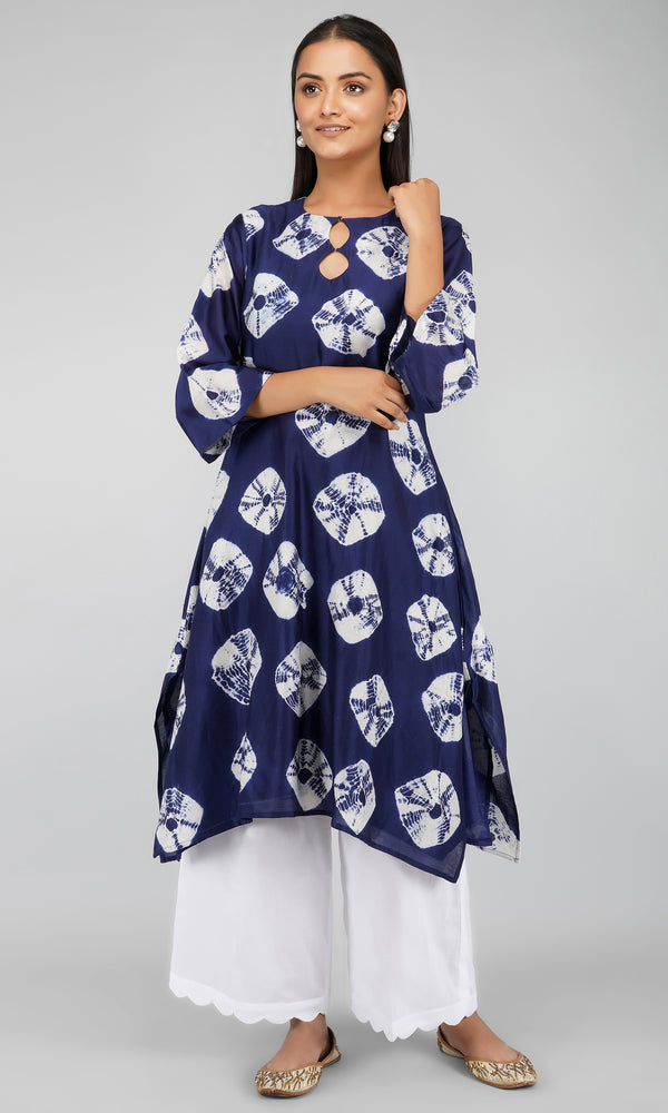 Blue Bandhani Dye Chanderi Silk Kurta with Cotton Pants and Scallop Chanderi Silk Dupatta - Set of 3