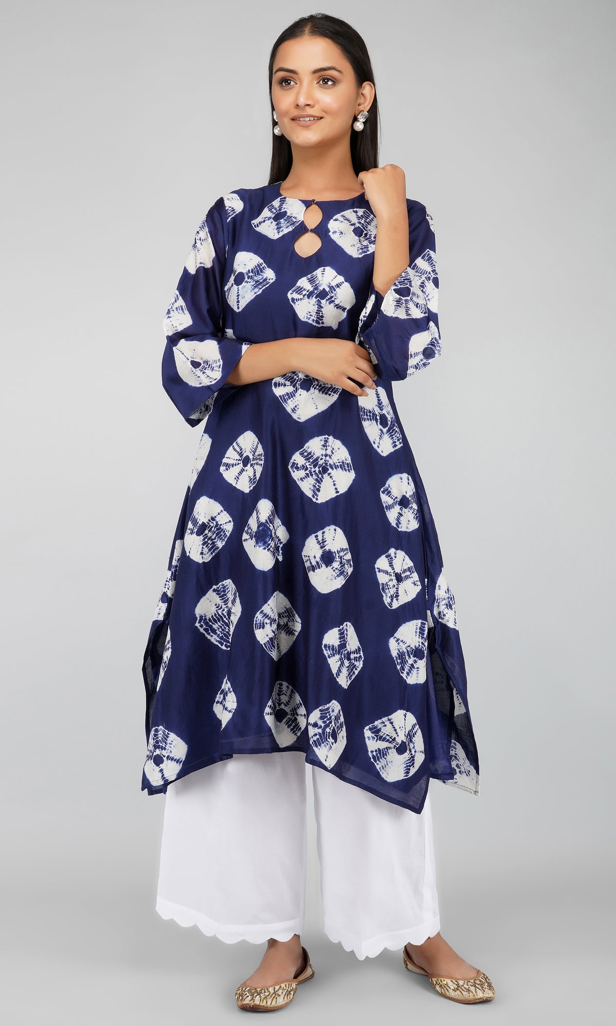 Blue Bandhani Dye Chanderi Silk Kurta with Cotton Pants  - Set of 2