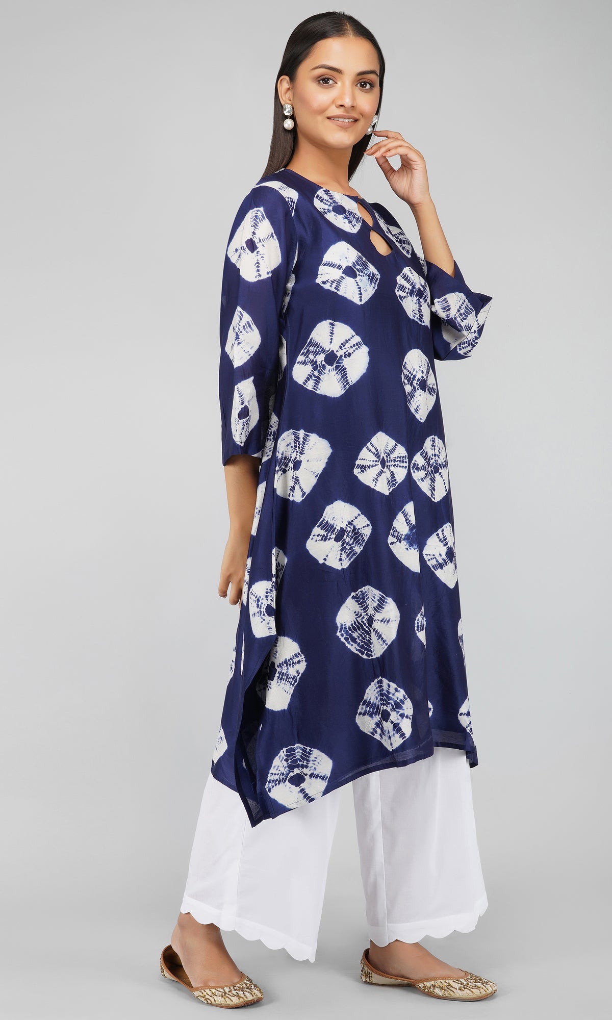 Blue Bandhani Dye Chanderi Silk Kurta with Cotton Pants  - Set of 2