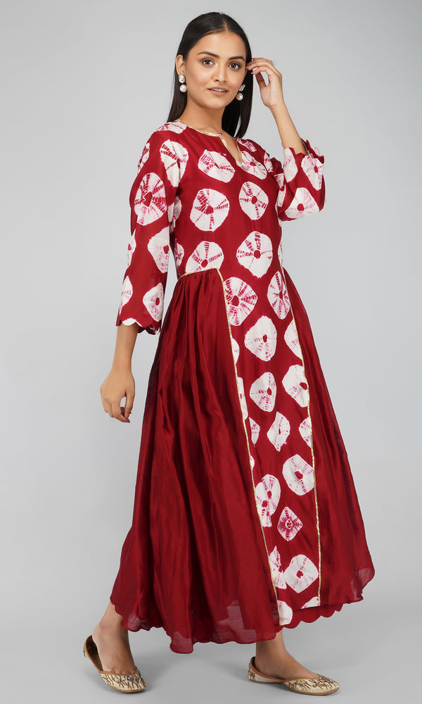 Maroon Bandhani Dye Chanderi Silk Kurta with Cotton Pants - Set of 2