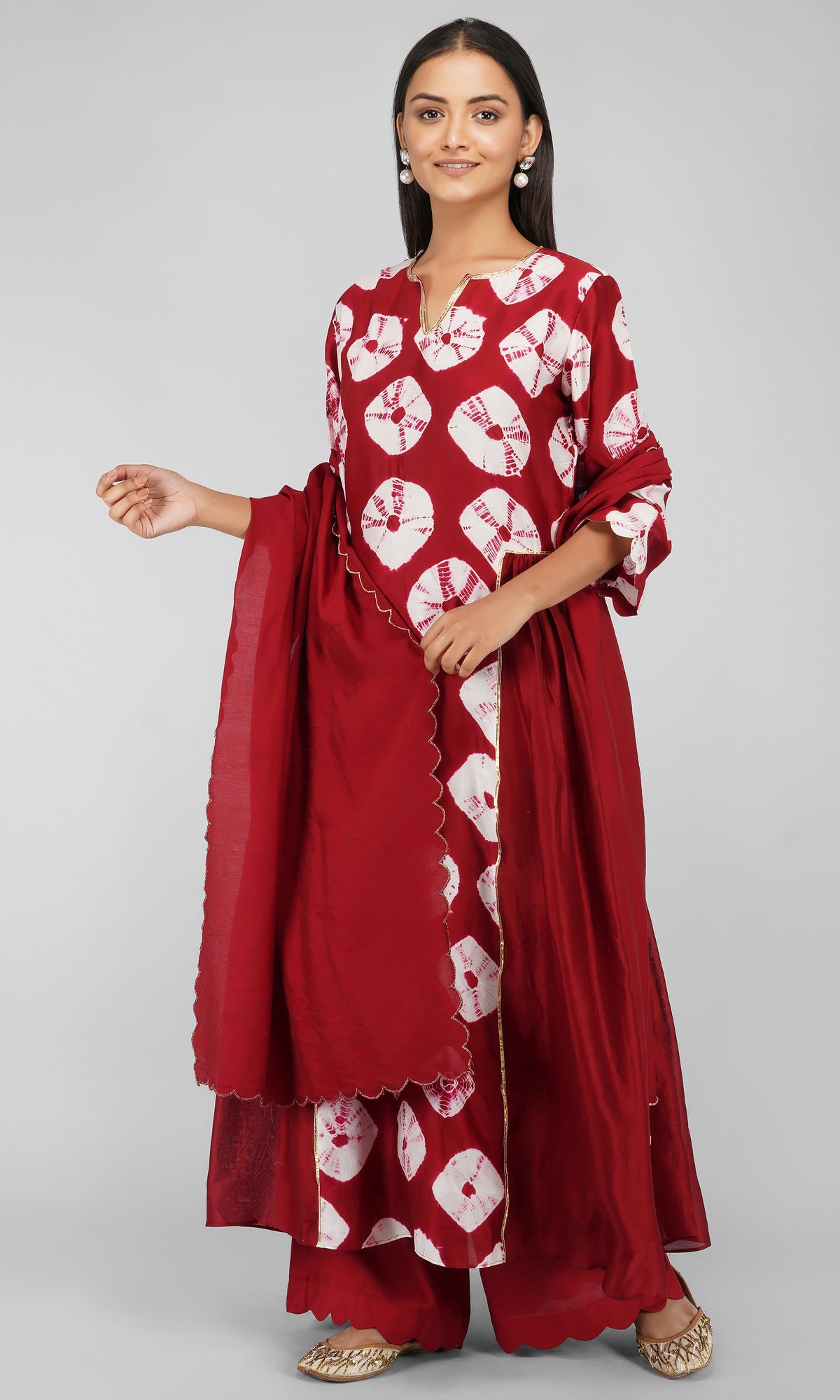 Maroon Bandhani Dye Chanderi Silk Kurta with Cotton Pants and Scallop Chanderi Silk Dupatta - Set of 3