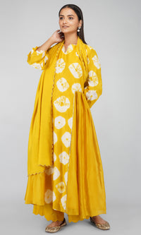 Mustard Yellow Bandhani Dye Chanderi Silk Kurta with Cotton Pants and Scallop Chanderi Silk Dupatta - Set of 3