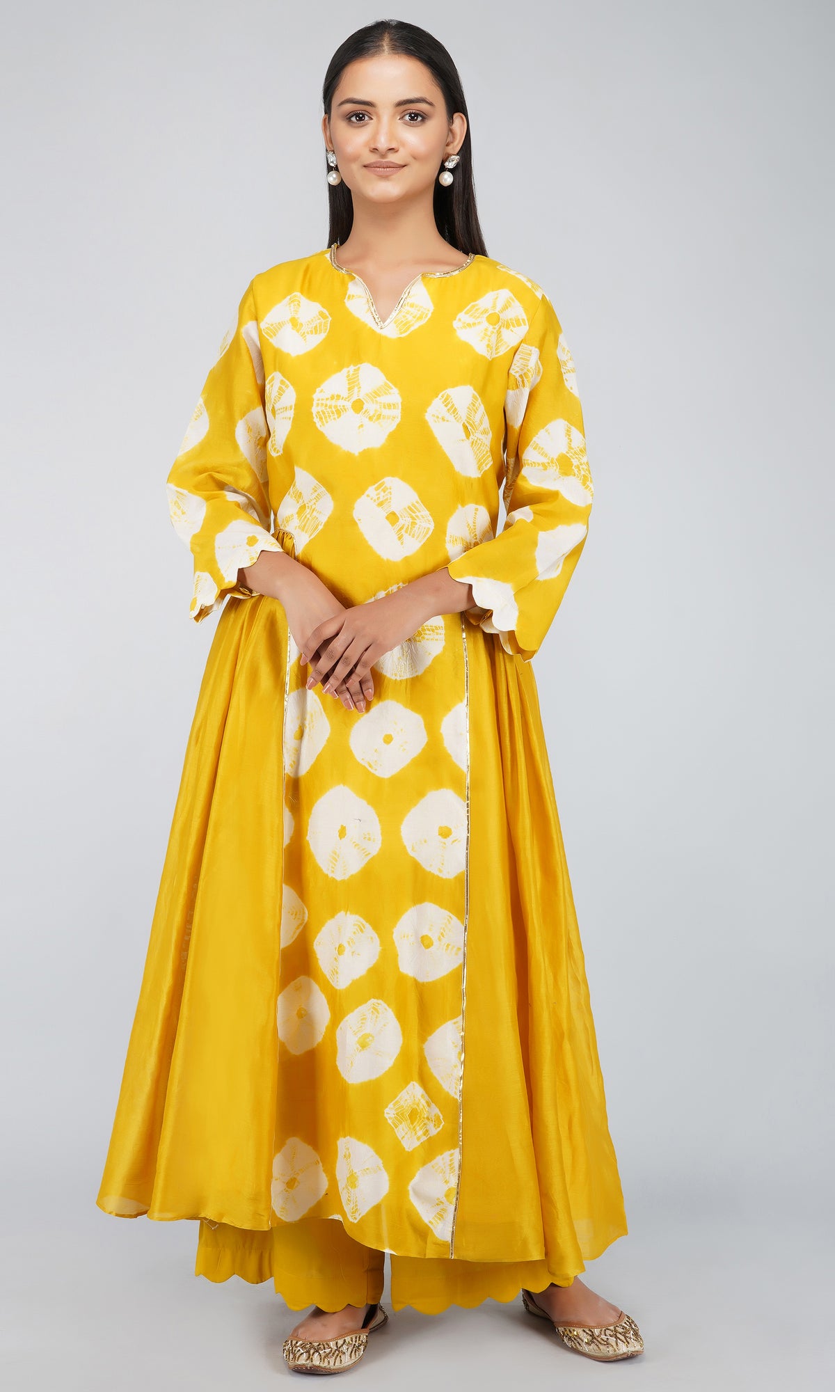 Mustard Yellow Bandhani Dye Chanderi Silk Kurta with Cotton Pants and Scallop Chanderi Silk Dupatta - Set of 3