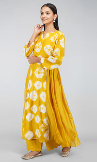 Mustard Yellow Bandhani Dye Chanderi Silk Kurta with Cotton Pants and Scallop Chanderi Silk Dupatta - Set of 3