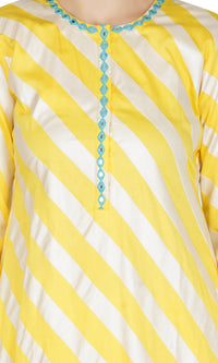 Yellow Striped Mirror work Kurta with Scallop Pants- Set of 2