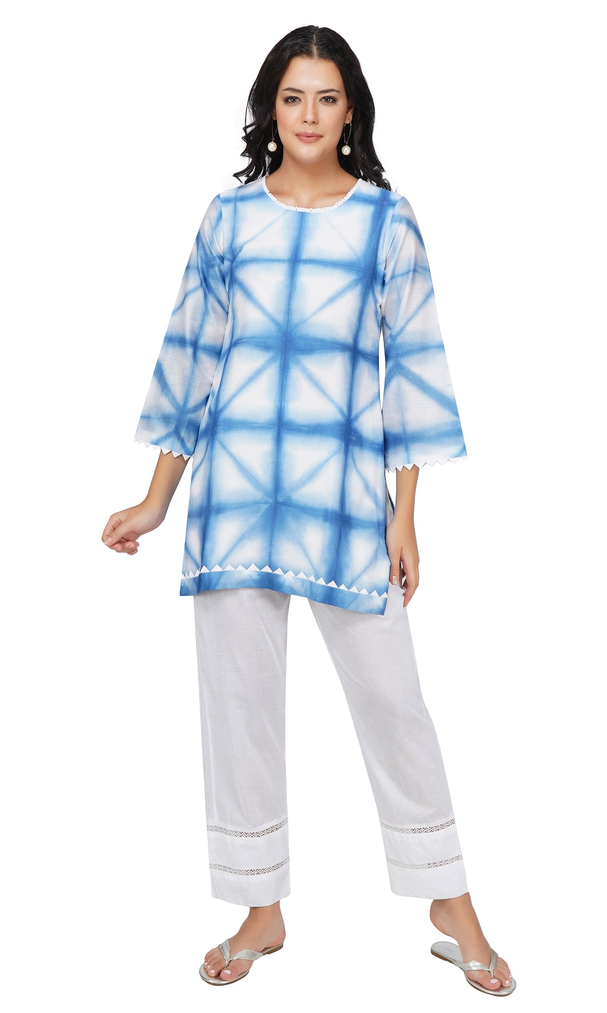 Blue Tie and Dye Chanderi Silk Kurta with White Cotton Cambric Pants - Set of 2